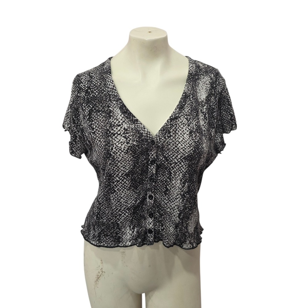 Polly & Esther Snake Print Henley Top Women's V Neck Lettuce Hem Y2K Grunge